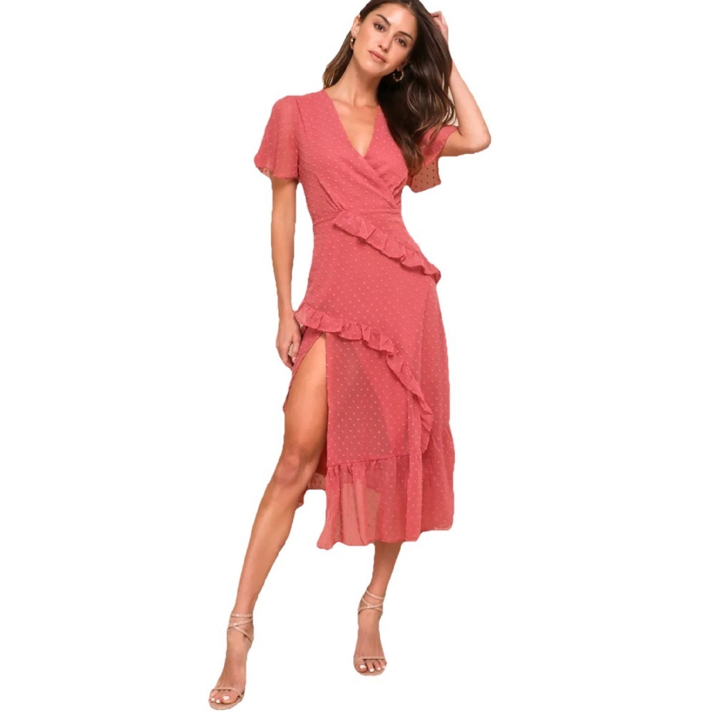 Lulu's Pink Flutter Sleeve Wrap Midi Dress